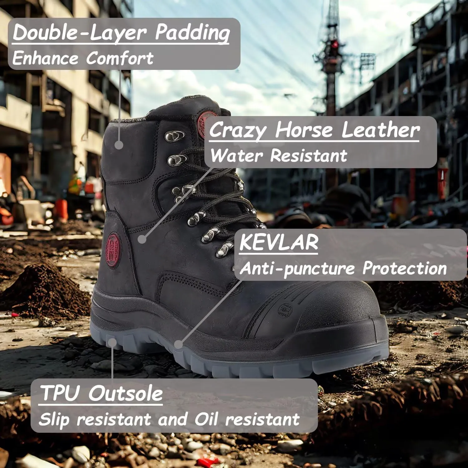 Men's Work Boots, 6" Composite & Soft Toe, Non-Slip Puncture-Proof Safety Shoes, Breathable Work Footwear for Construction, Warehouse, Outdoor