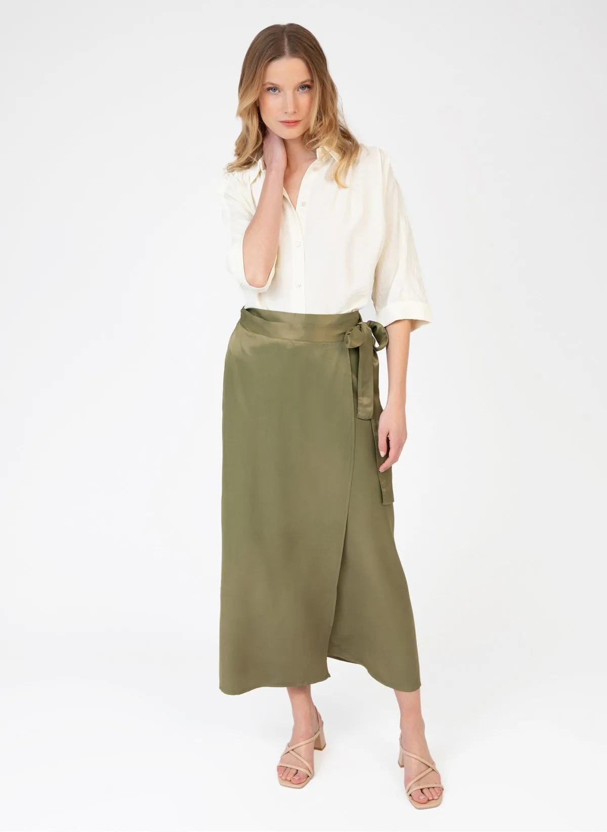 OLIVE GREEN WRAP LONG SKIRT