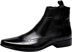 Santimon Men's Zipped Ankle Pointed Toe Brogue Wing Tip Formal Dress Leather Boots Black Brown