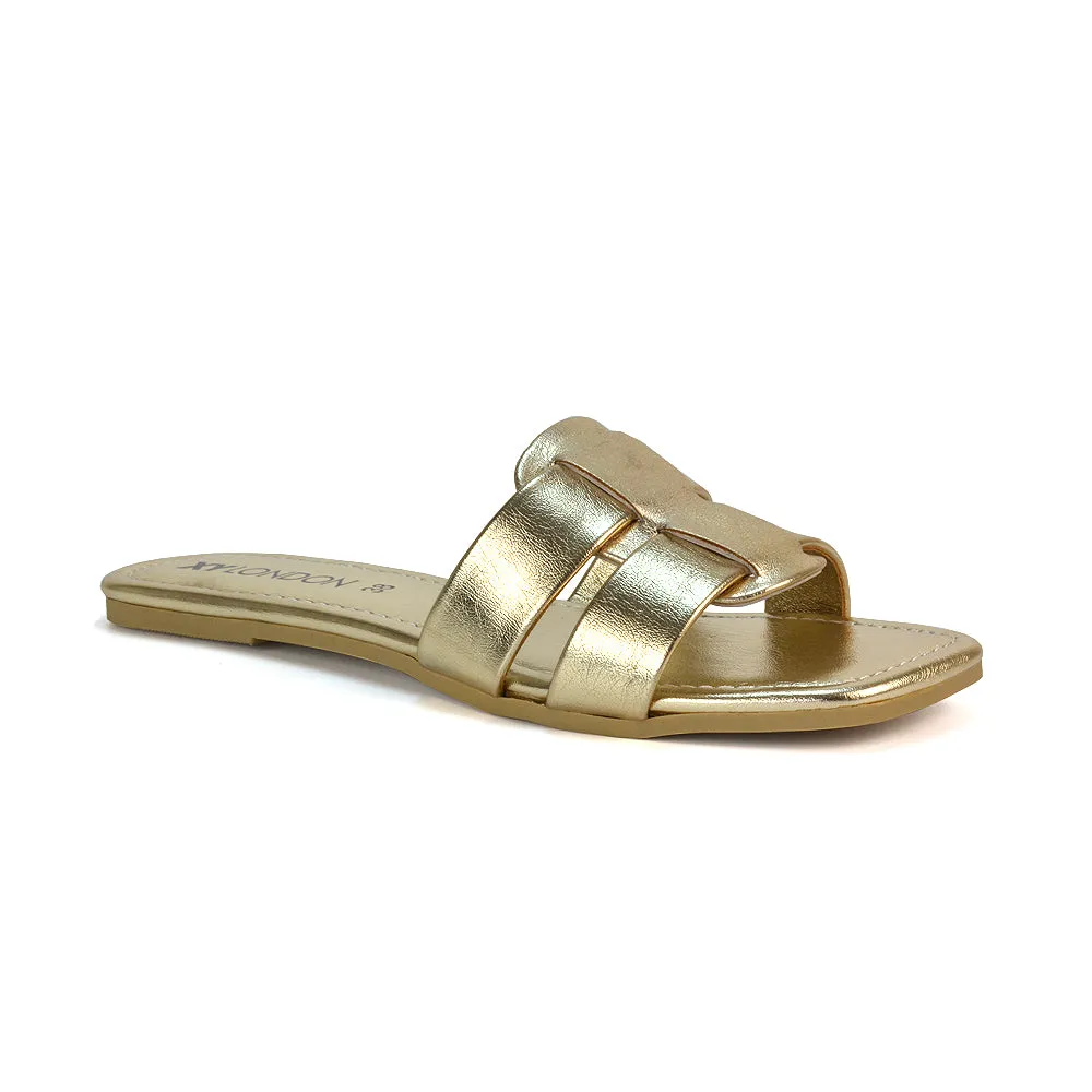 Selma Slip On Mule Square Toe Leather Flat Sandals Slides in Gold