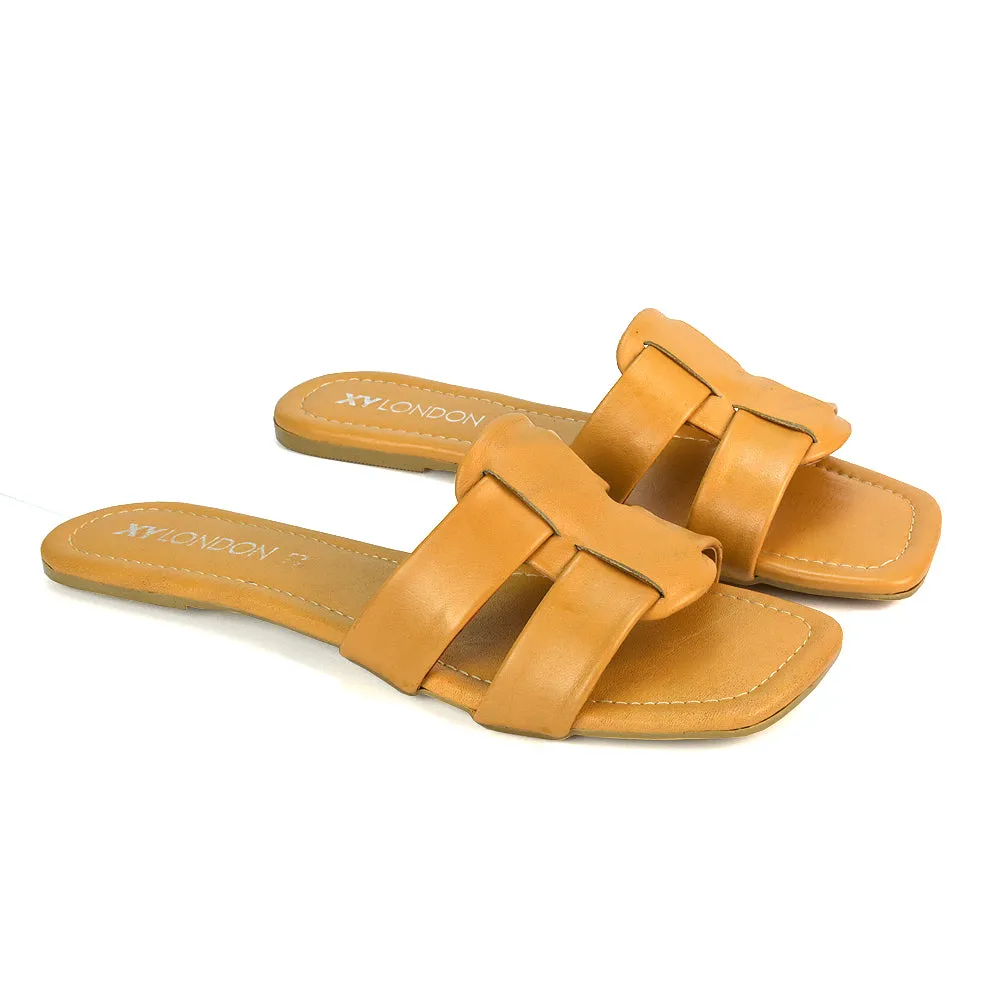 Selma Slip On Mule Square Toe Leather Flat Sandals Slides in Gold