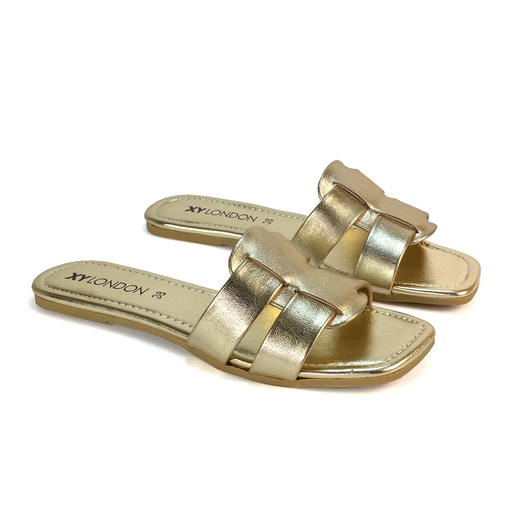 Selma Slip On Mule Square Toe Leather Flat Sandals Slides in Gold
