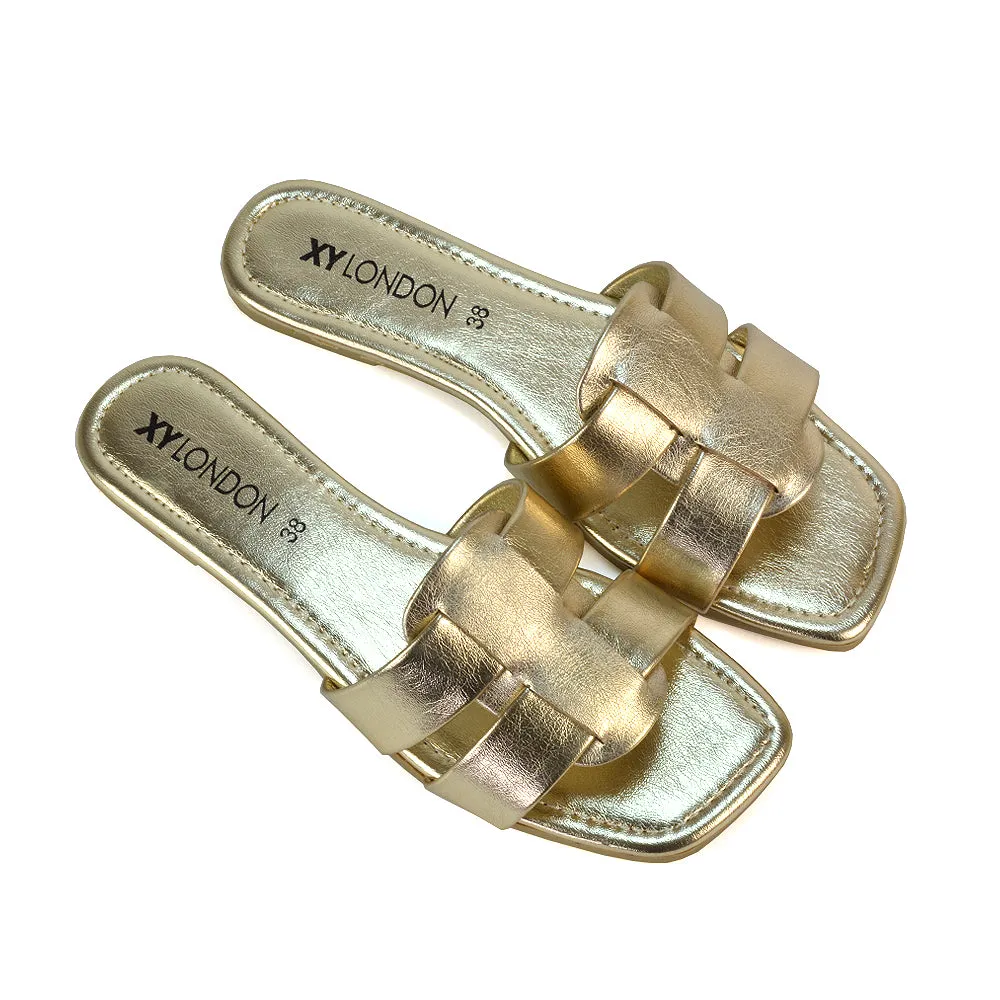 Selma Slip On Mule Square Toe Leather Flat Sandals Slides in Gold