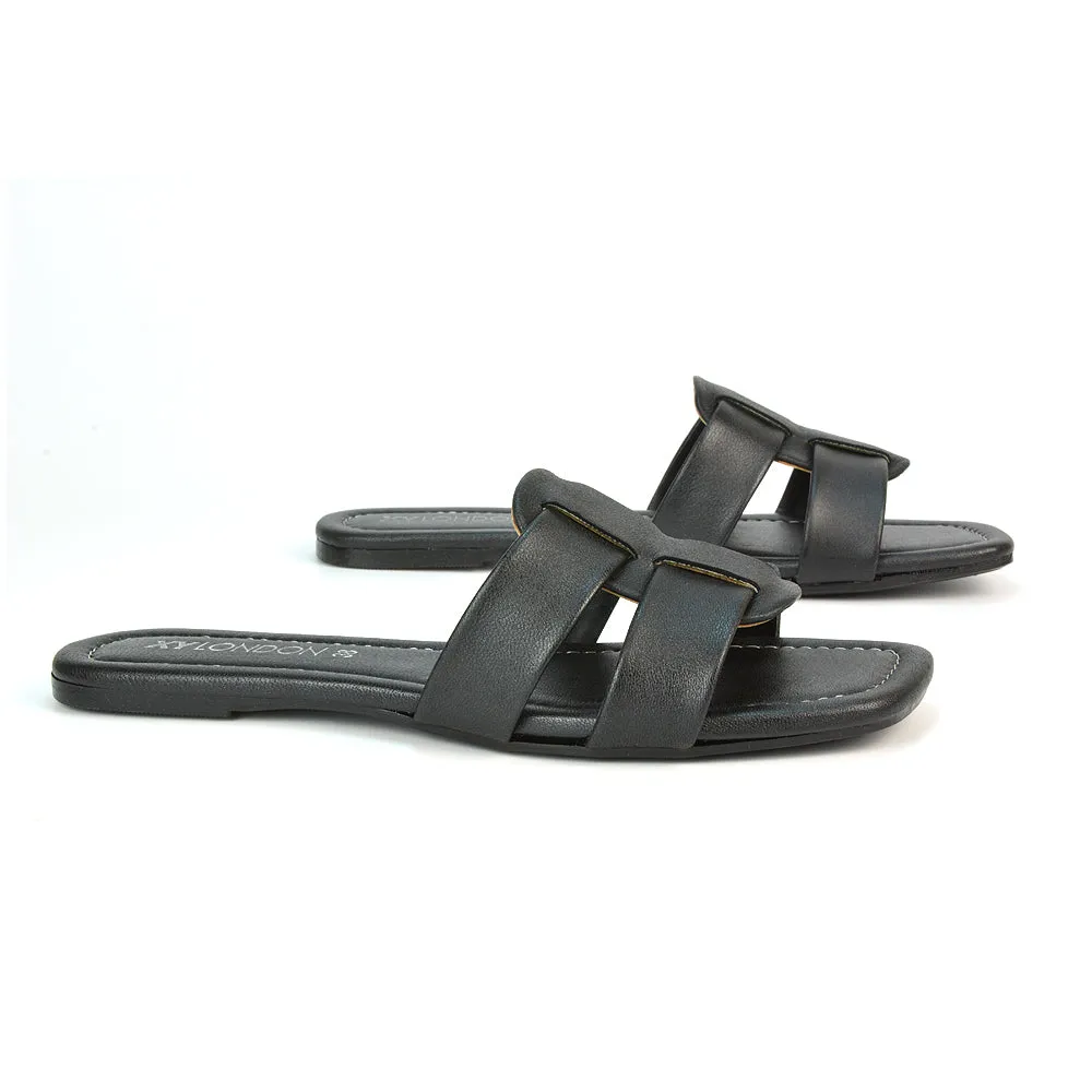 Selma Slip On Mule Square Toe Leather Flat Sandals Slides in Gold