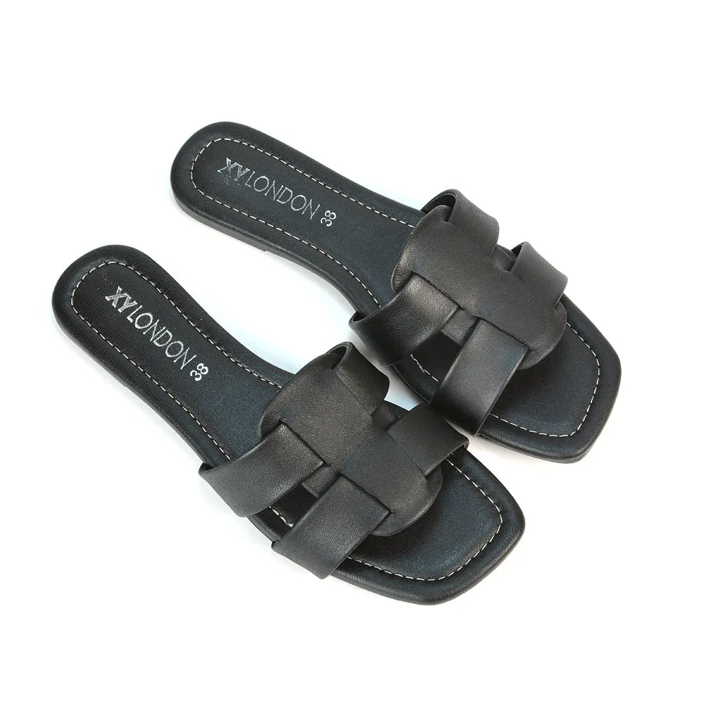 Selma Slip On Mule Square Toe Leather Flat Sandals Slides in Gold
