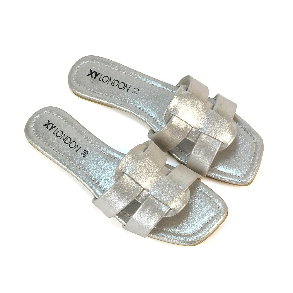 Selma Slip On Mule Square Toe Leather Flat Sandals Slides in Gold