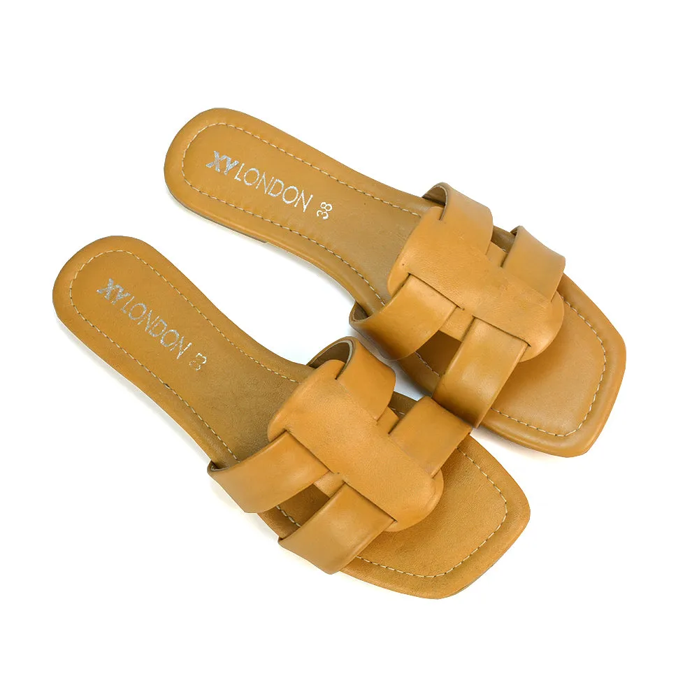 Selma Slip On Mule Square Toe Leather Flat Sandals Slides in Gold