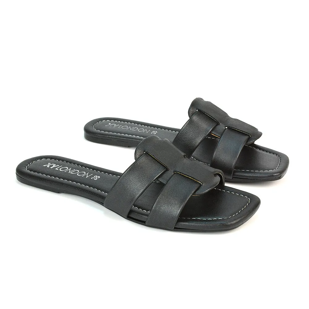 Selma Slip On Mule Square Toe Leather Flat Sandals Slides in Gold