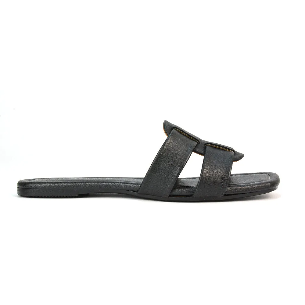 Selma Slip On Mule Square Toe Leather Flat Sandals Slides in Gold