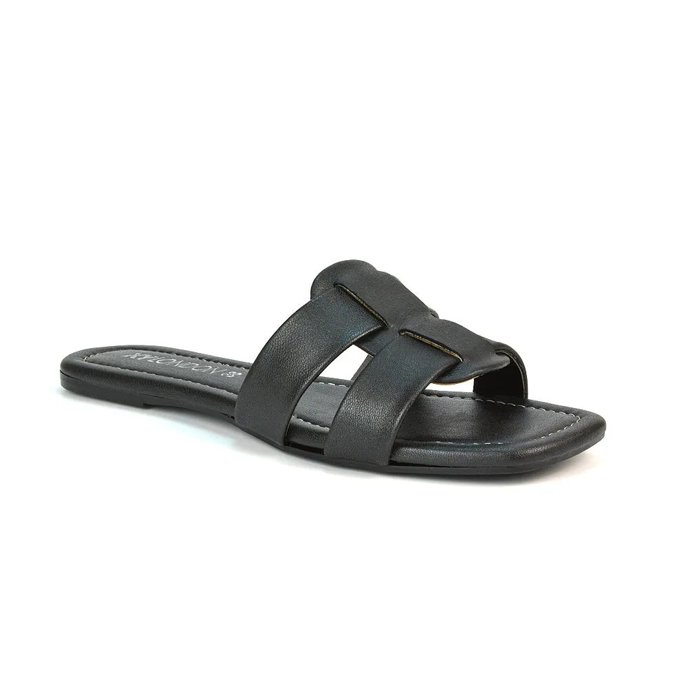 Selma Slip On Mule Square Toe Leather Flat Sandals Slides in Gold