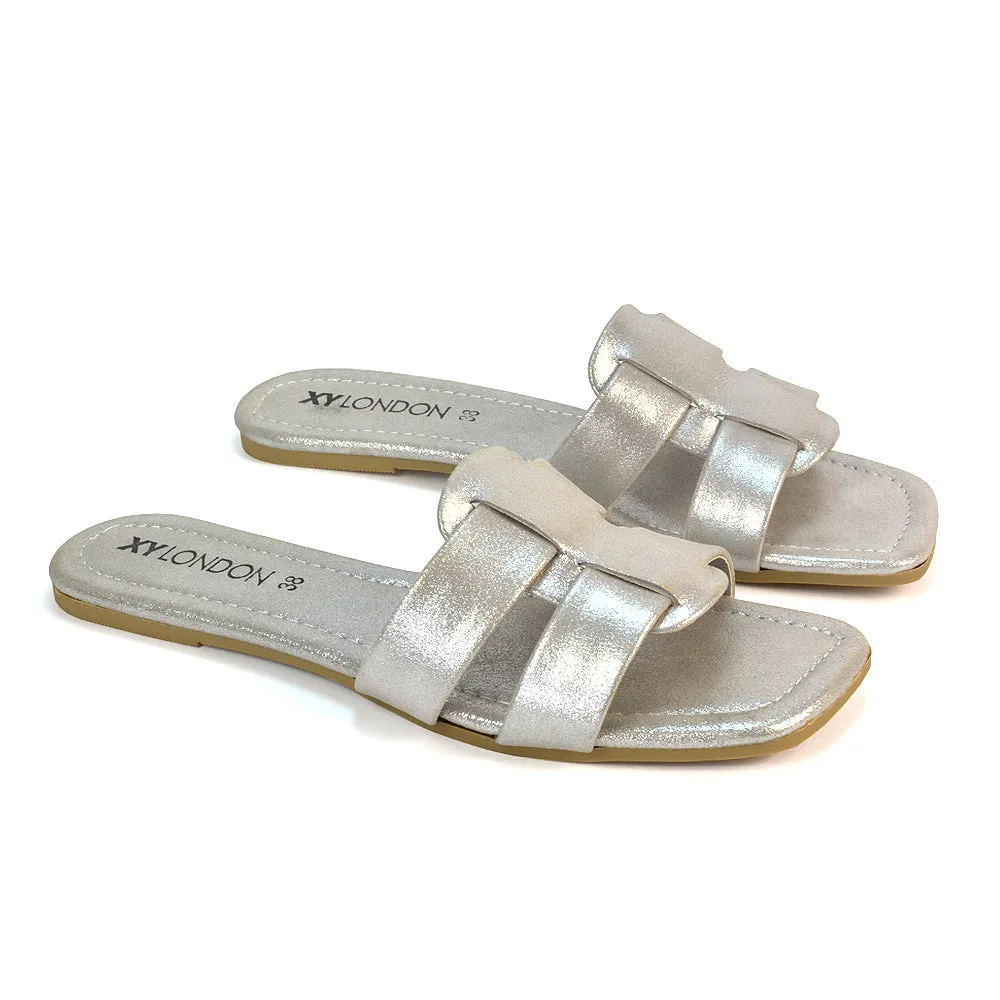 Selma Slip On Mule Square Toe Leather Flat Sandals Slides in Gold