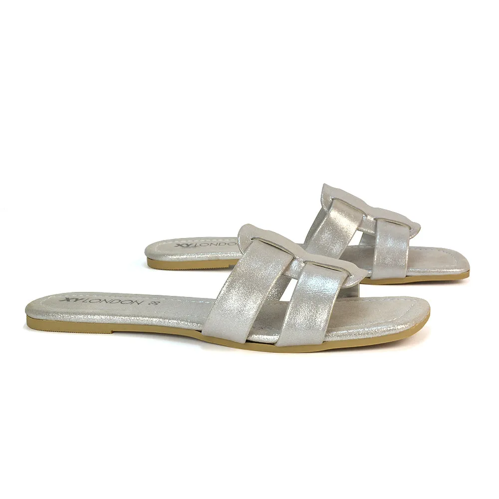 Selma Slip On Mule Square Toe Leather Flat Sandals Slides in Gold
