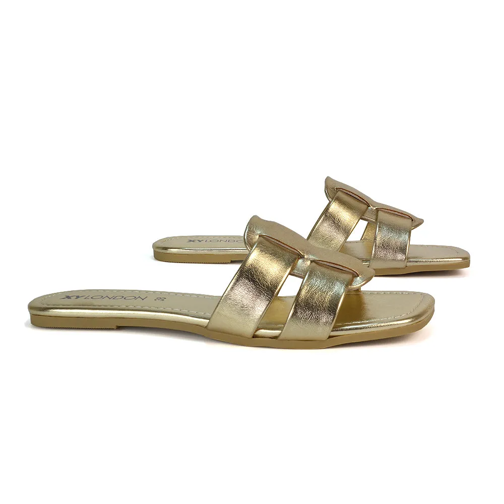 Selma Slip On Mule Square Toe Leather Flat Sandals Slides in Gold