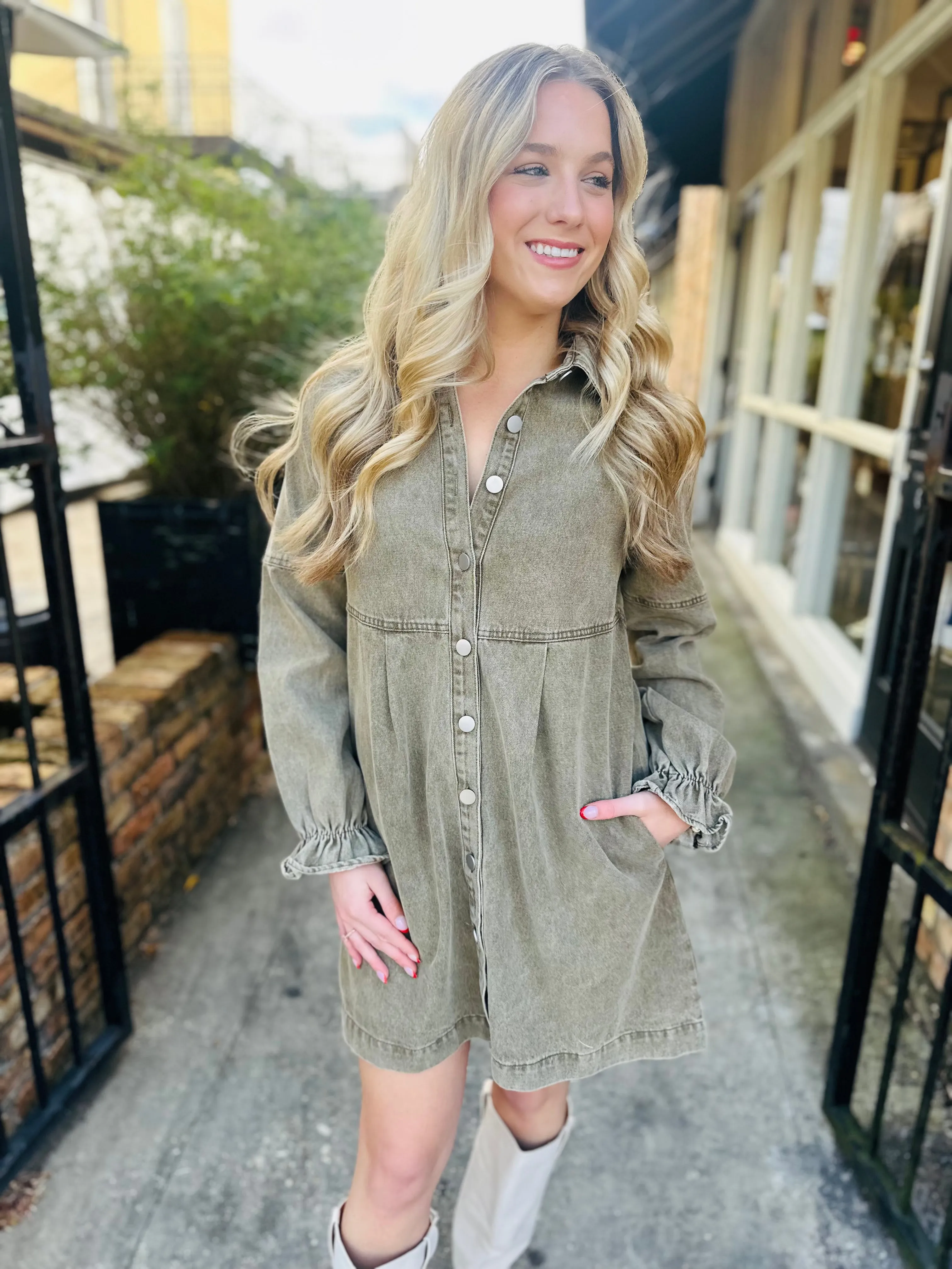 Sula Button Denim Dress- Olive