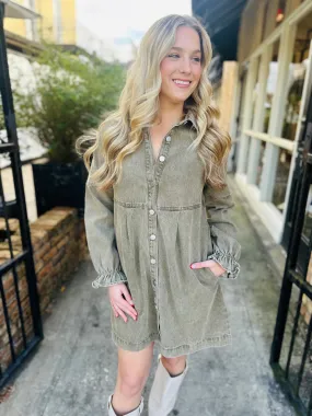 Sula Button Denim Dress- Olive
