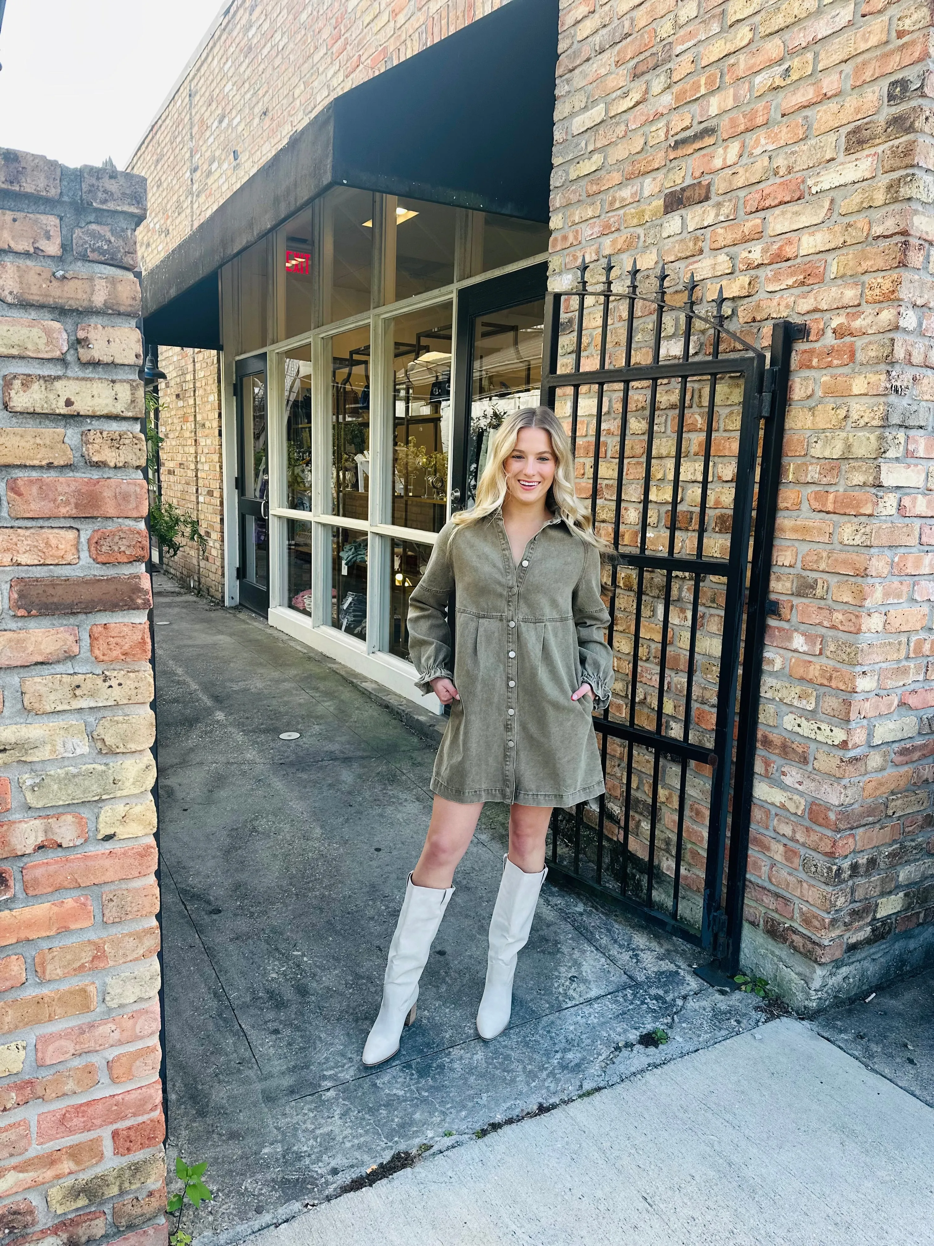 Sula Button Denim Dress- Olive