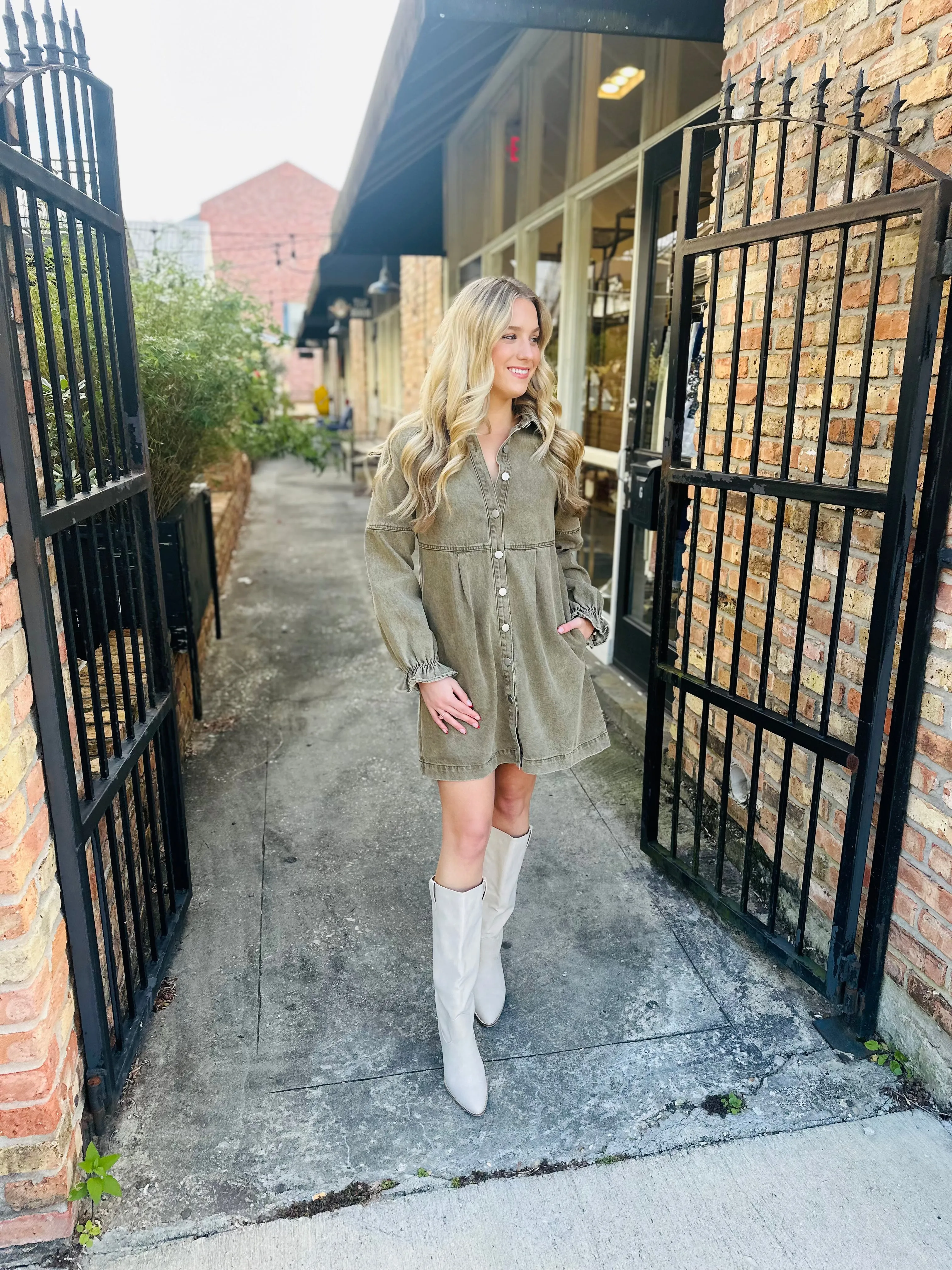 Sula Button Denim Dress- Olive
