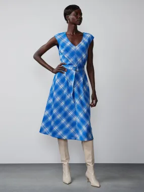 V-Neck Belted Plaid Midi Dress