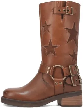 Women's Knee High Riding Boots Square Toe Chunky Block Heel Fashion Buckle Motocycle Biker Boots with Stars