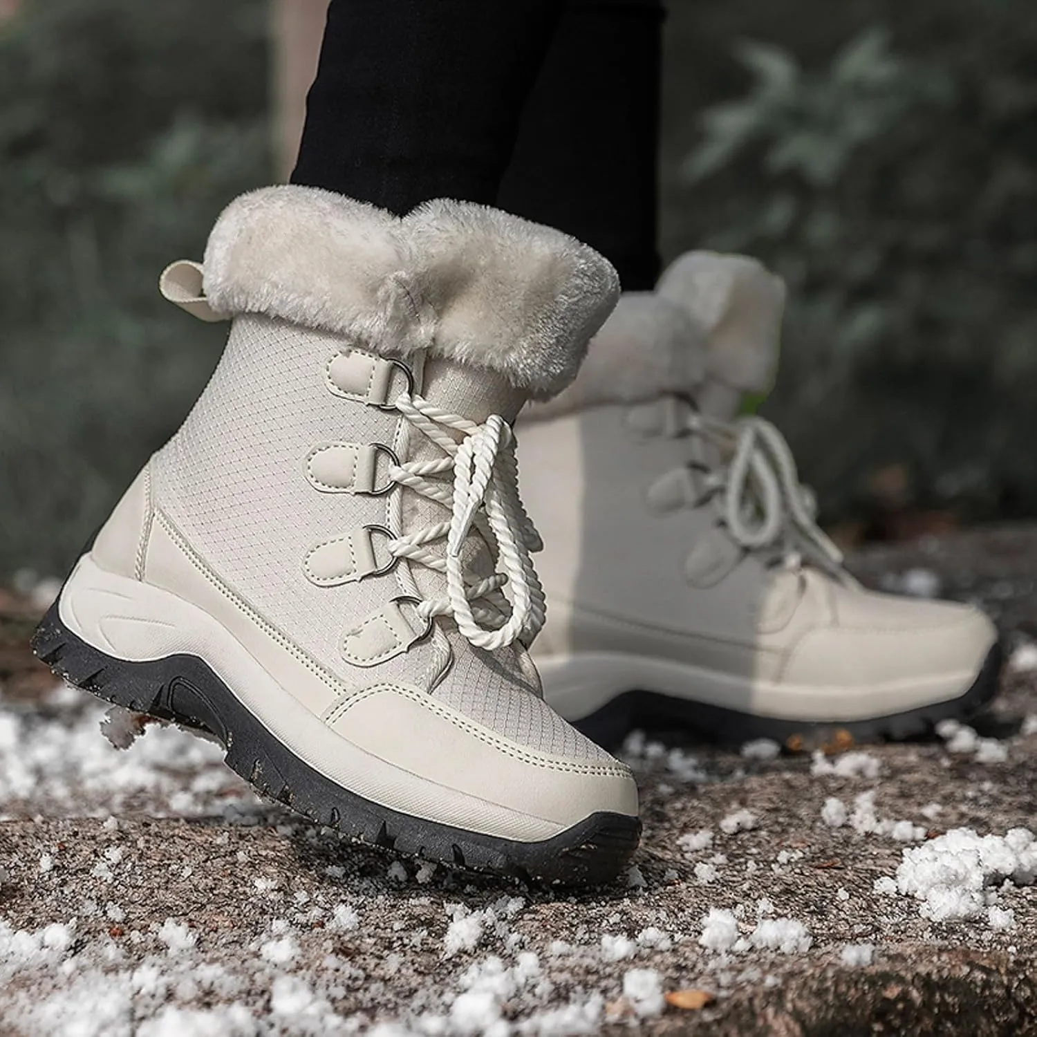 Womens Snow Boots Lace-up Warm Fleece Lined Winter Boots for Women Anti Slip Ankle Boots Mid Calf Boots Water-proof Outdoor Boots Comfortable Walking Shoes for Women Ladies Girls