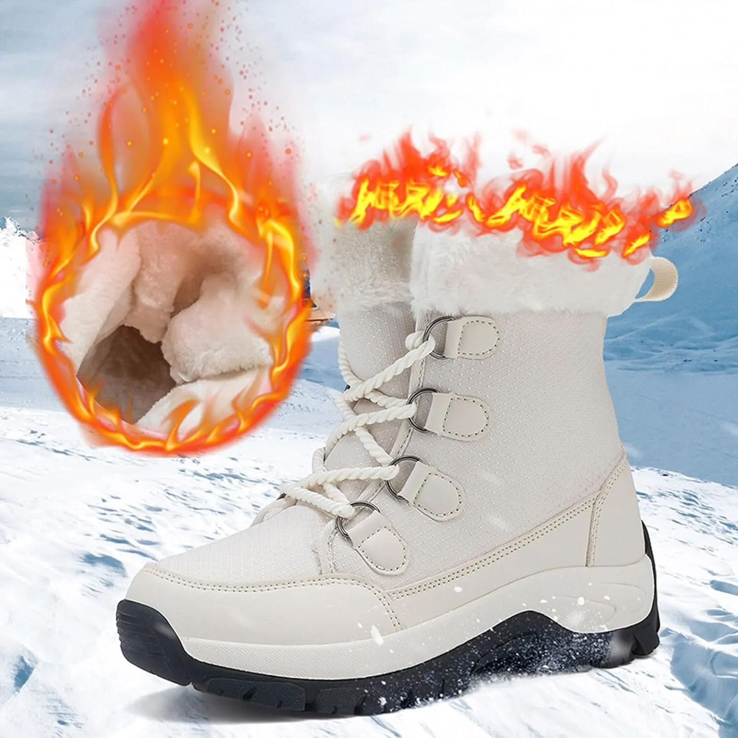 Womens Snow Boots Lace-up Warm Fleece Lined Winter Boots for Women Anti Slip Ankle Boots Mid Calf Boots Water-proof Outdoor Boots Comfortable Walking Shoes for Women Ladies Girls