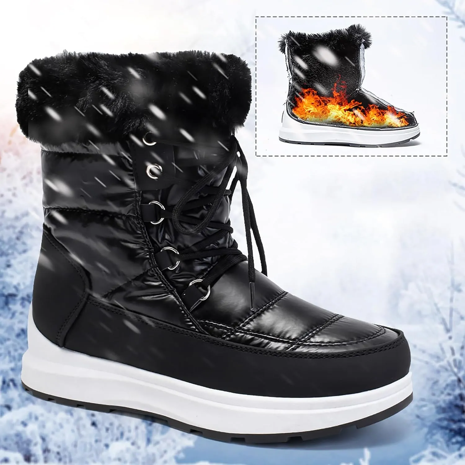 Women's Winter Snow Boots Waterproof Mid-Calf Booties Warm Faux Fur Lined Boots Anti-Slip Ankle Boots Walking Shoes