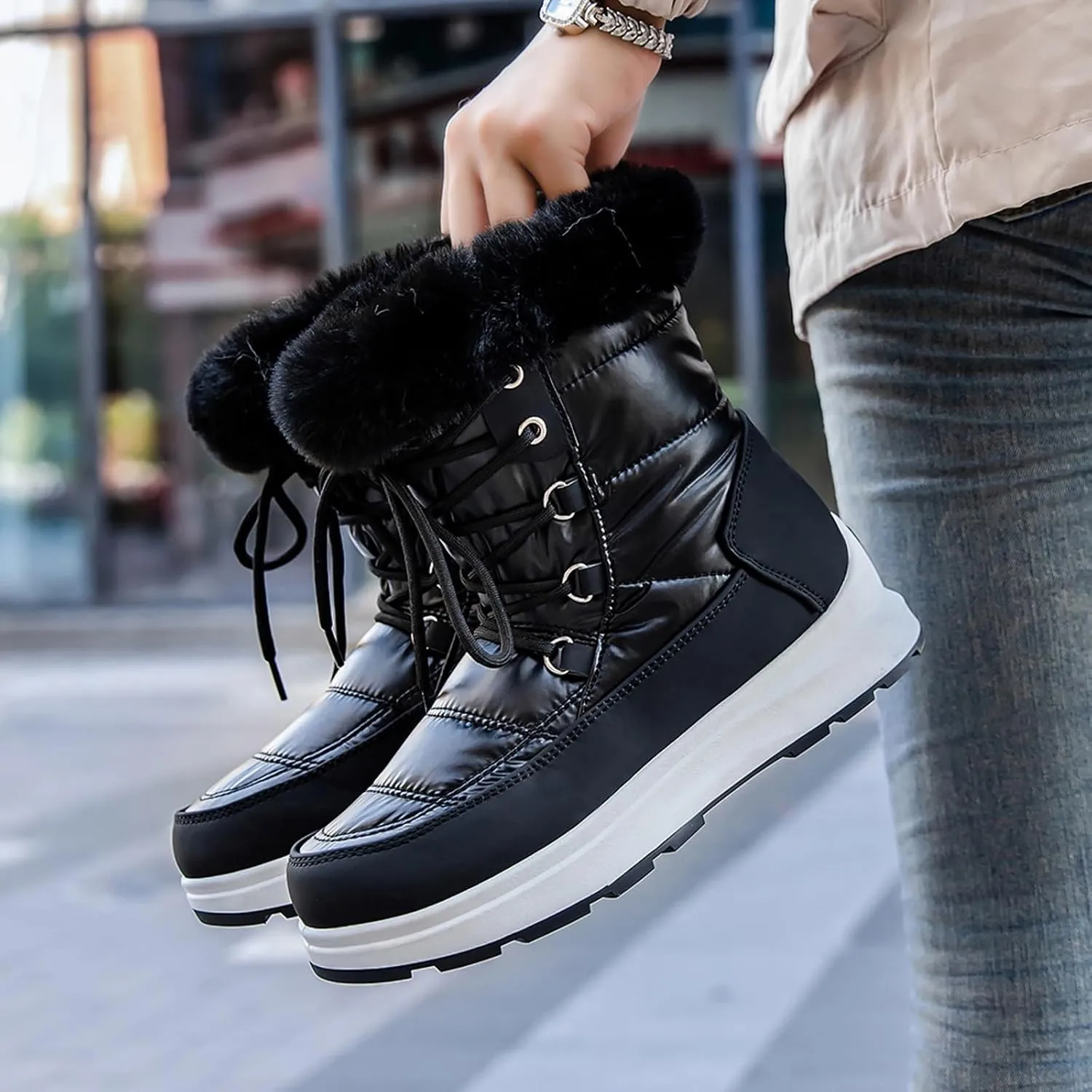 Women's Winter Snow Boots Waterproof Mid-Calf Booties Warm Faux Fur Lined Boots Anti-Slip Ankle Boots Walking Shoes