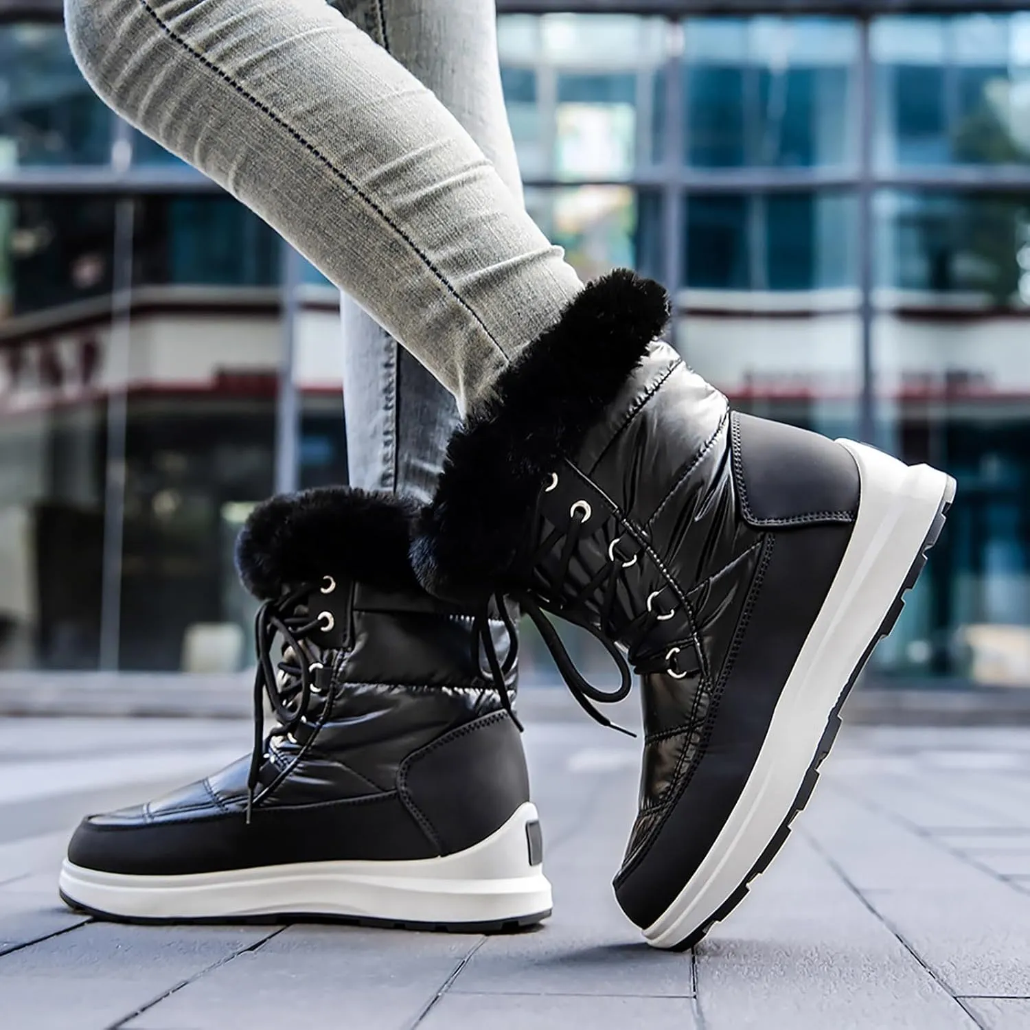 Women's Winter Snow Boots Waterproof Mid-Calf Booties Warm Faux Fur Lined Boots Anti-Slip Ankle Boots Walking Shoes