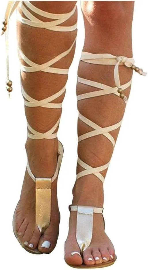 ZBYY Women Gladiator Beach Sandals T-Strap Flat Strappy Knee High Crisscross Shoes Open Toe Lace Up Flip Flops Sandals
