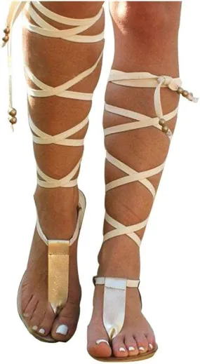 ZBYY Women Gladiator Beach Sandals T-Strap Flat Strappy Knee High Crisscross Shoes Open Toe Lace Up Flip Flops Sandals