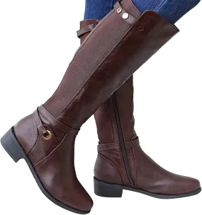ZBYY Women's Mid Calf Knee High Boots Side Zipper Buckled Straps Round Toe Cowboy Boots Chunky Block Platform Heels Anti-Slip Riding Booties