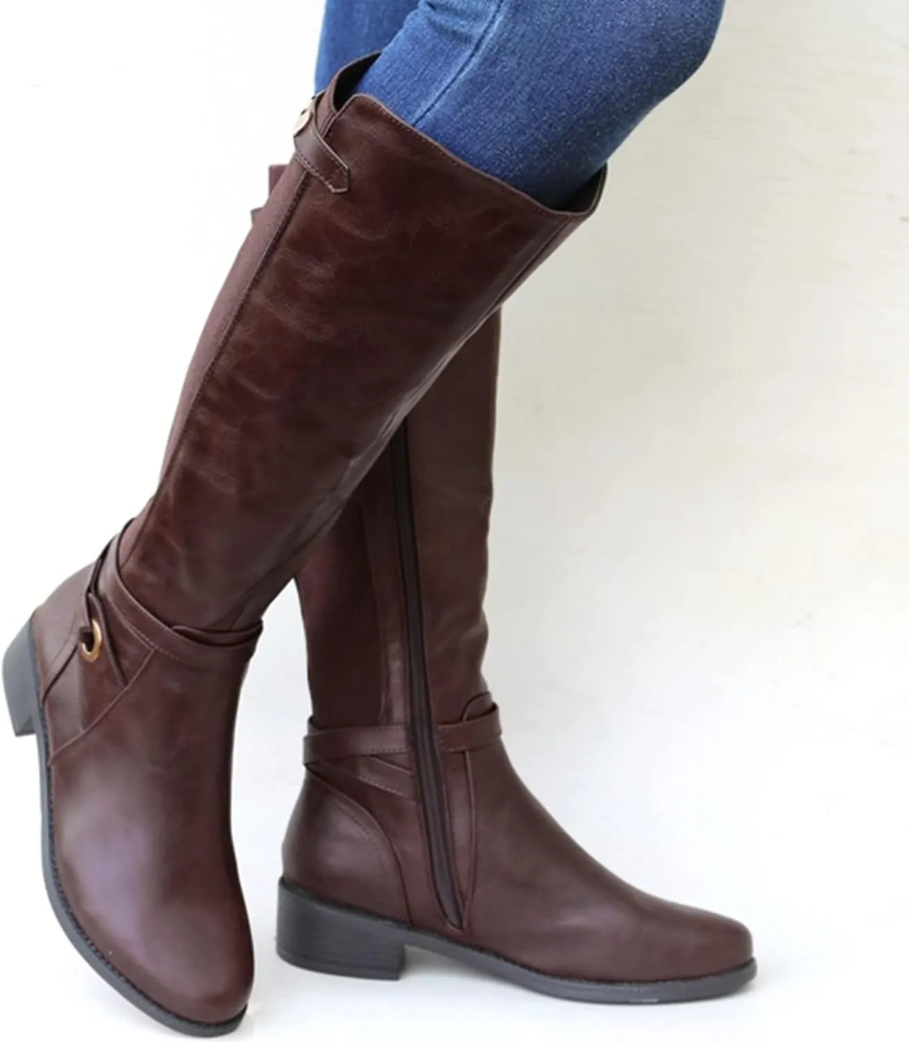 ZBYY Women's Mid Calf Knee High Boots Side Zipper Buckled Straps Round Toe Cowboy Boots Chunky Block Platform Heels Anti-Slip Riding Booties