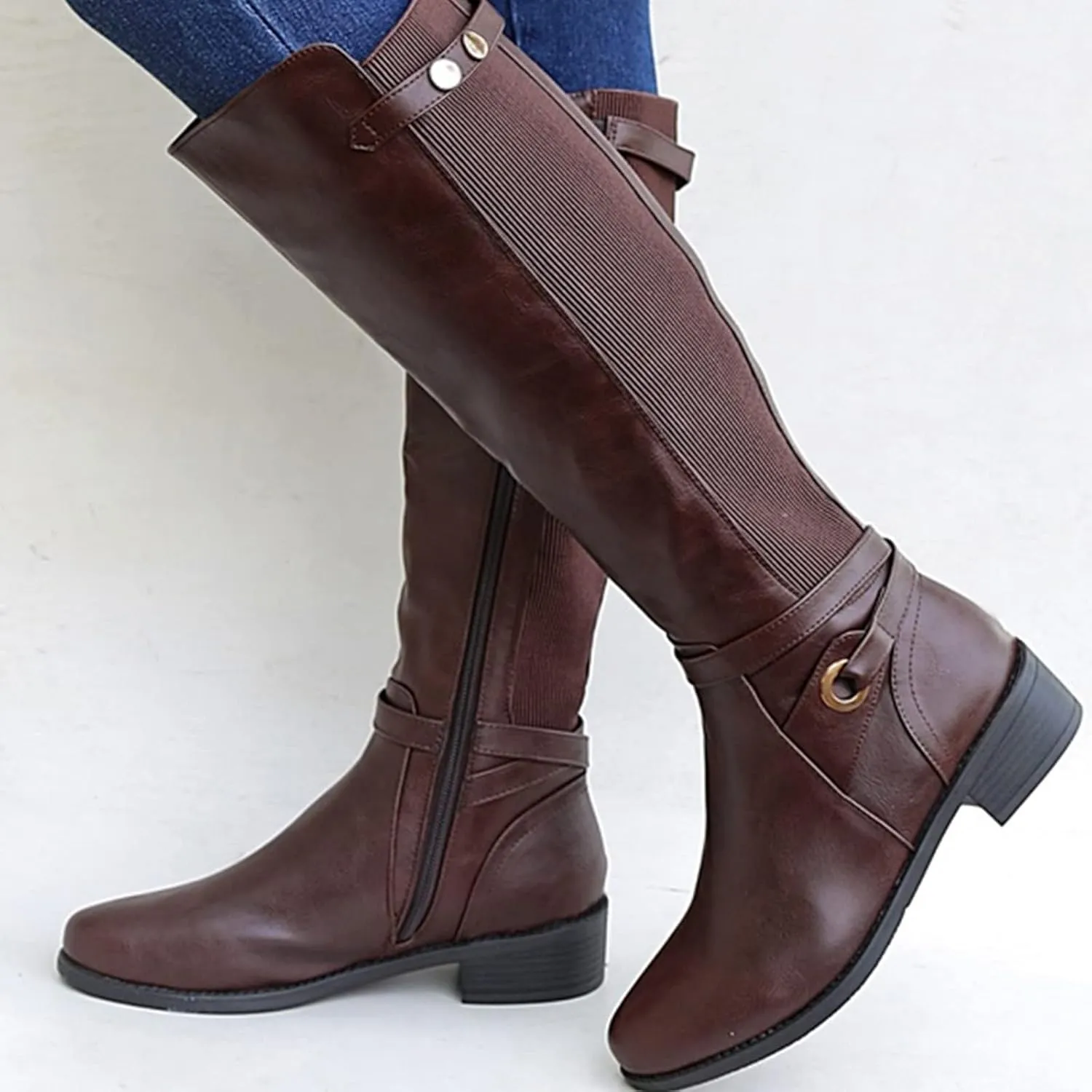 ZBYY Women's Mid Calf Knee High Boots Side Zipper Buckled Straps Round Toe Cowboy Boots Chunky Block Platform Heels Anti-Slip Riding Booties